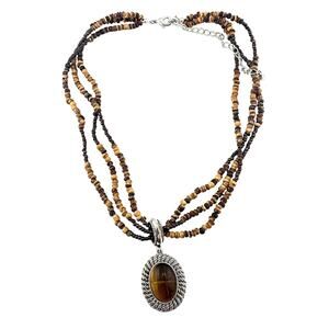 Avon Boho Hippie Tigers Eye Cabochon Beaded Multistrand Silver Tone 15” Necklace